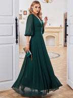 Dark Green Dress Chiffon Half Sleeves Empire Waist Prom Maxi Dresses