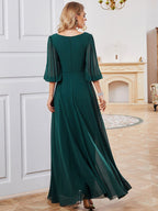 Dark Green Dress Chiffon Half Sleeves Empire Waist Prom Maxi Dresses