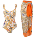 Dragonfly Print Ruffle One-piece Swimsuit and Wrap Cover Up Skirt Set
