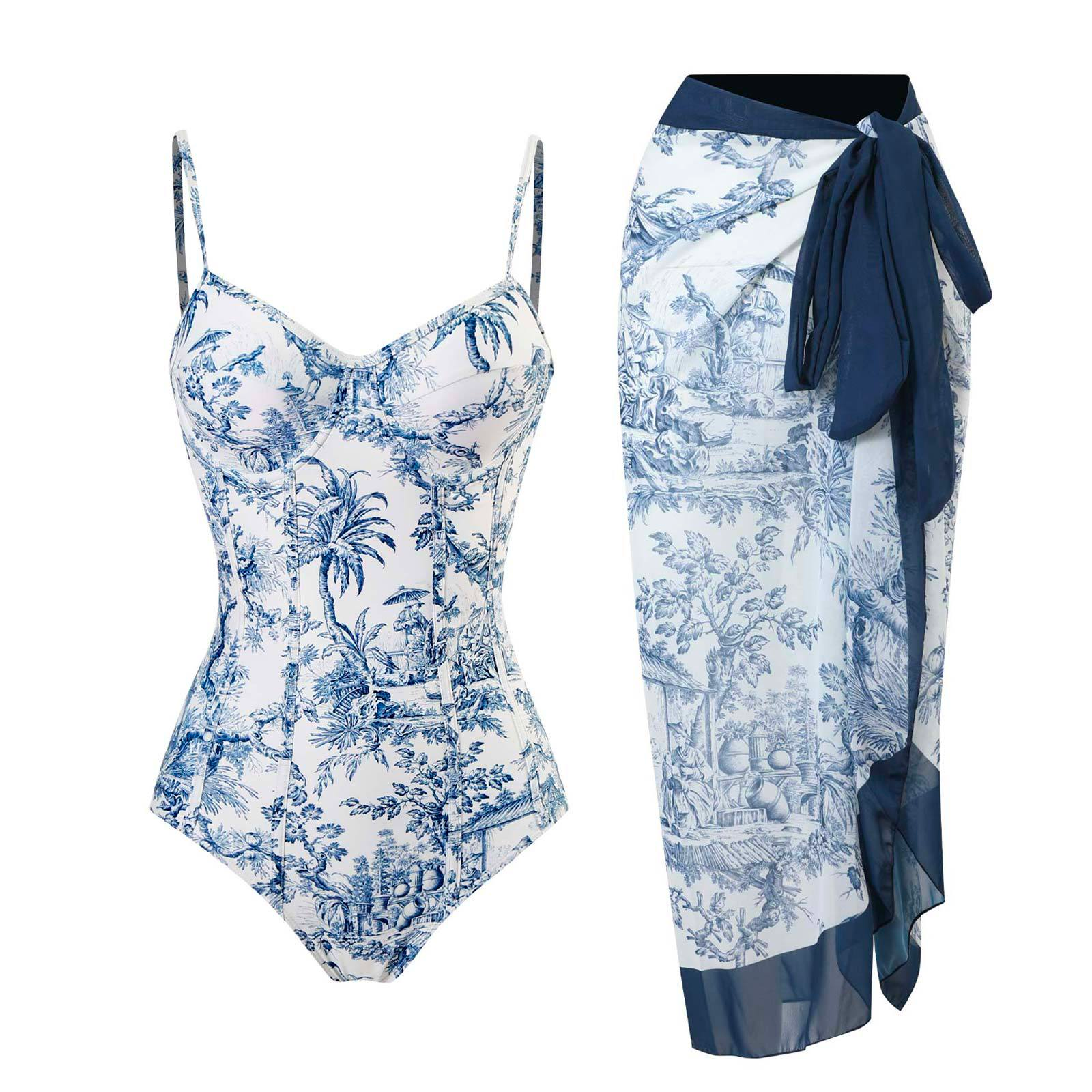 Push Up Padded One-piece Swimsuit and Wrap Cover Up Skirt Printed Set