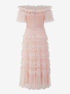 Party Maxi Dresses Embellished Collar Ruffles Polka Dot Sheer Semi Formal Dress