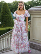 Floral Dress Floral Print Puff Sleeves Belted Sweet Party Prom Maxi Dresses
