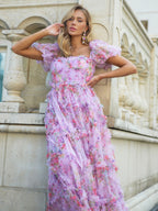 Floral Dress Floral Print Puff Sleeves Belted Sweet Party Prom Maxi Dresses