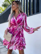 Print Short Dress Surplice Neckline Belted Lantern Sleeves Mini Dresses