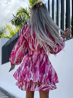 Print Short Dress Surplice Neckline Belted Lantern Sleeves Mini Dresses