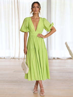 V-Neck Summer Dress Short Sleeves Elastic Waist A-Line Maxi Dresses