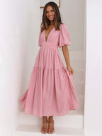 V-Neck Summer Dress Short Sleeves Elastic Waist A-Line Maxi Dresses
