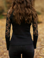 Lace Long Sleeves Tees High Collar Black Sexy Women's Top