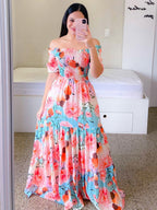 Printed Off Shoulder Smocked Maxi Dress for Women - Short Sleeves Tiered A-Line Sun Dress - Summer Beach Vacation 2026