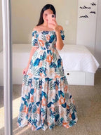 Printed Off Shoulder Smocked Maxi Dress for Women - Short Sleeves Tiered A-Line Sun Dress - Summer Beach Vacation 2026
