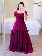 A-Line Dress Smocked Short Sleeves Tiered Ruffles Summer Maxi Dresses