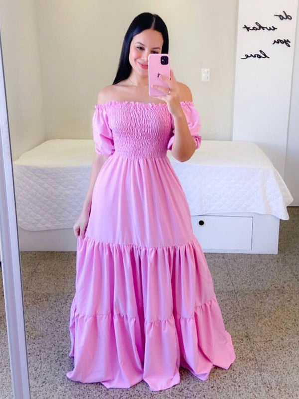A-Line Dress Smocked Short Sleeves Tiered Ruffles Summer Maxi Dresses