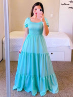 A-Line Dress Smocked Short Sleeves Tiered Ruffles Summer Maxi Dresses