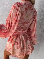 Loose Romper Printed V-Neck Lantern Sleeves Belted Casual Resort Jumpsuit