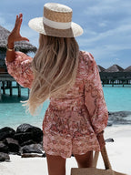Loose Romper Printed V-Neck Lantern Sleeves Belted Casual Resort Jumpsuit