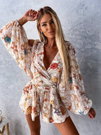 Loose Romper Printed V-Neck Lantern Sleeves Belted Casual Resort Jumpsuit