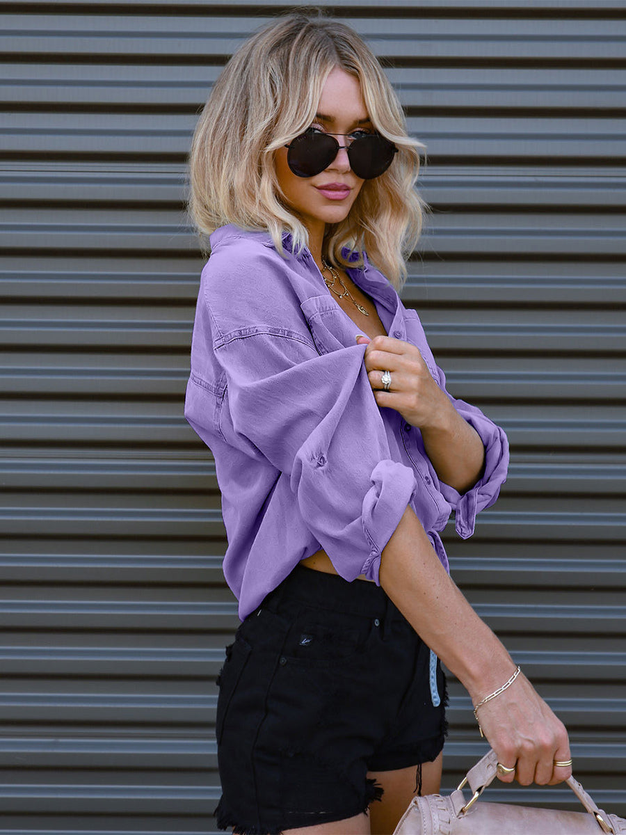 Denim Blouse Drop Shoulder Long Sleeves Buttons Lace Up Tops