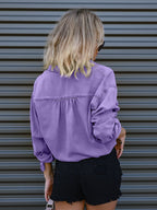 Denim Blouse Drop Shoulder Long Sleeves Buttons Lace Up Tops