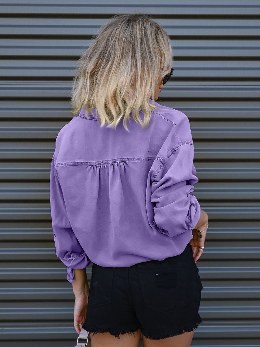 Denim Blouse Drop Shoulder Long Sleeves Buttons Lace Up Tops