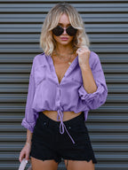 Denim Blouse Drop Shoulder Long Sleeves Buttons Lace Up Tops