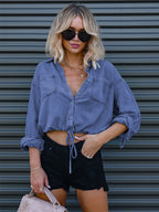 Denim Blouse Drop Shoulder Long Sleeves Buttons Lace Up Tops