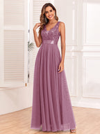 Sequins Dress Sleeveless Empire Waist A-line Elegant Prom Maxi Dresses