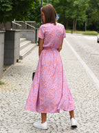 Printed Wrap Dress V-Neck Short Sleeves Belted Casual Summer Midi Dresses