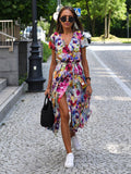 Printed Wrap Dress V-Neck Short Sleeves Belted Casual Summer Midi Dresses