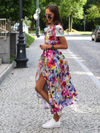 Printed Wrap Dress V-Neck Short Sleeves Belted Casual Summer Midi Dresses