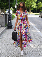 Printed Wrap Dress V-Neck Short Sleeves Belted Casual Summer Midi Dresses