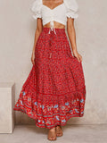 Red Full Skirt Printed High Waist Lace Up Boho Casual Summer Long Dresses