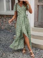 Floral Boho Short Sleeve Wrap Maxi Dress - V Neck Belted High-Low Flowy Sun Dress - Summer Beach Vacation 2026