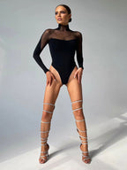 Black Bodysuit Illusion Neck Long Sleeves High Collar 1 Piece Outfit