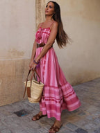 Pink Geometric Print Cami Maxi Dress for Women - Boho Tiered Spaghetti Strap with Tassel - Summer Beach Resort 2026