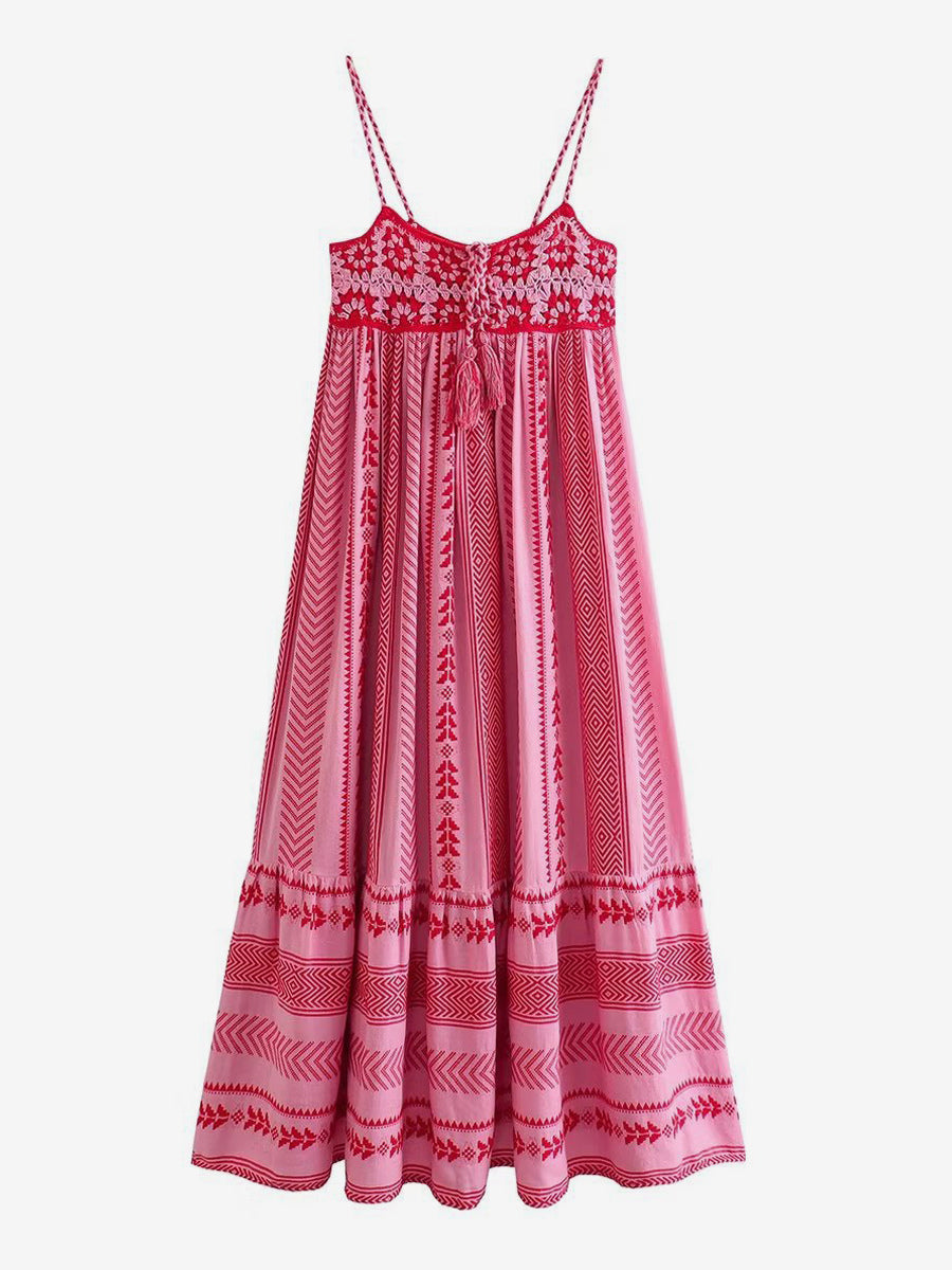 Pink Geometric Print Cami Maxi Dress for Women - Boho Tiered Spaghetti Strap with Tassel - Summer Beach Resort 2026