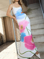 Floral Print Bodycon Maxi Slip Dress for Women - Spaghetti Strap Slim Fit Mermaid Sundress - Summer Beach Resort 2026