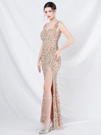 Sequined Dress Designed Neckline Backless High Slit Elegant Long Dress
