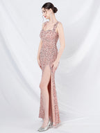Sequined Dress Designed Neckline Backless High Slit Elegant Long Dress