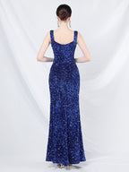 Sequined Dress Designed Neckline Backless High Slit Elegant Long Dress