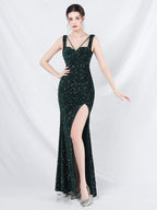 Sequined Dress Designed Neckline Backless High Slit Elegant Long Dress