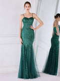 Party Dress Spaghetti Straps Tulle Sequins Elegant Long Mermaid Dress In Burgundy