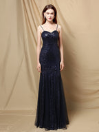 Party Dress Spaghetti Straps Tulle Sequins Elegant Long Mermaid Dress In Burgundy