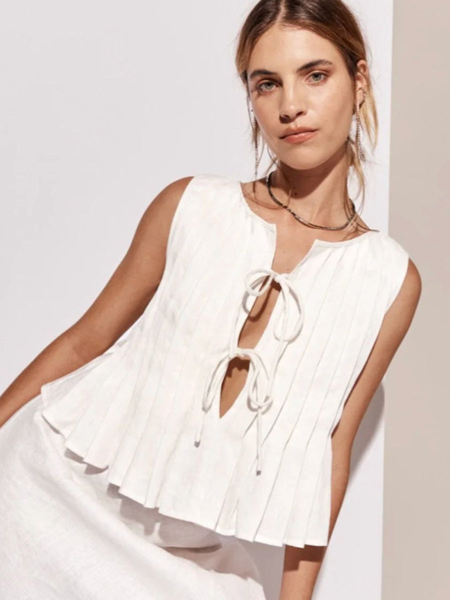 Chic Cami Top Lace Up Pleated Round Neck Summer Casual Women Top