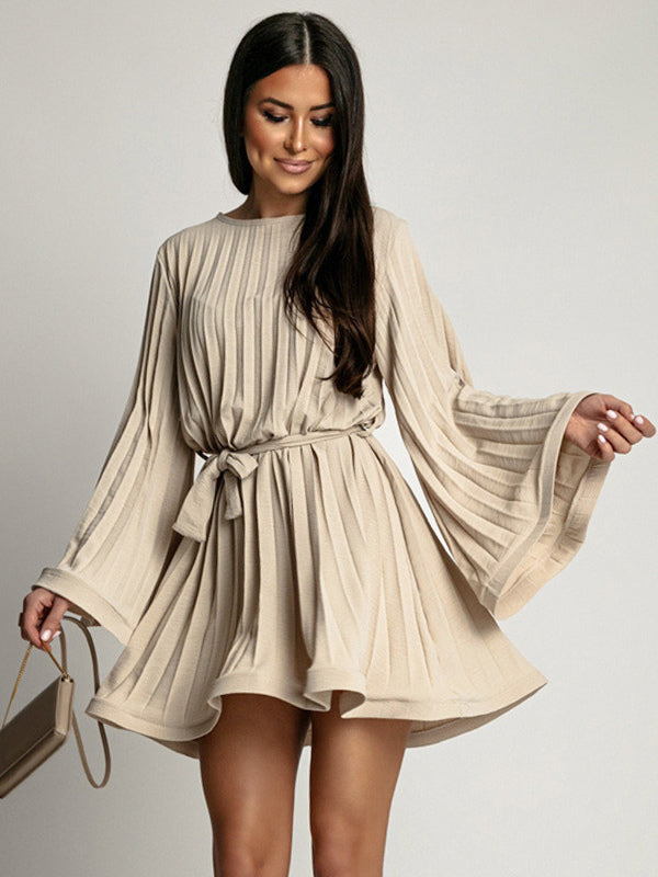 Skater Dress Boatneck Flared Sleeves Belted Office Casual Short Dress