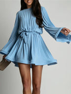 Skater Dress Boatneck Flared Sleeves Belted Office Casual Short Dress