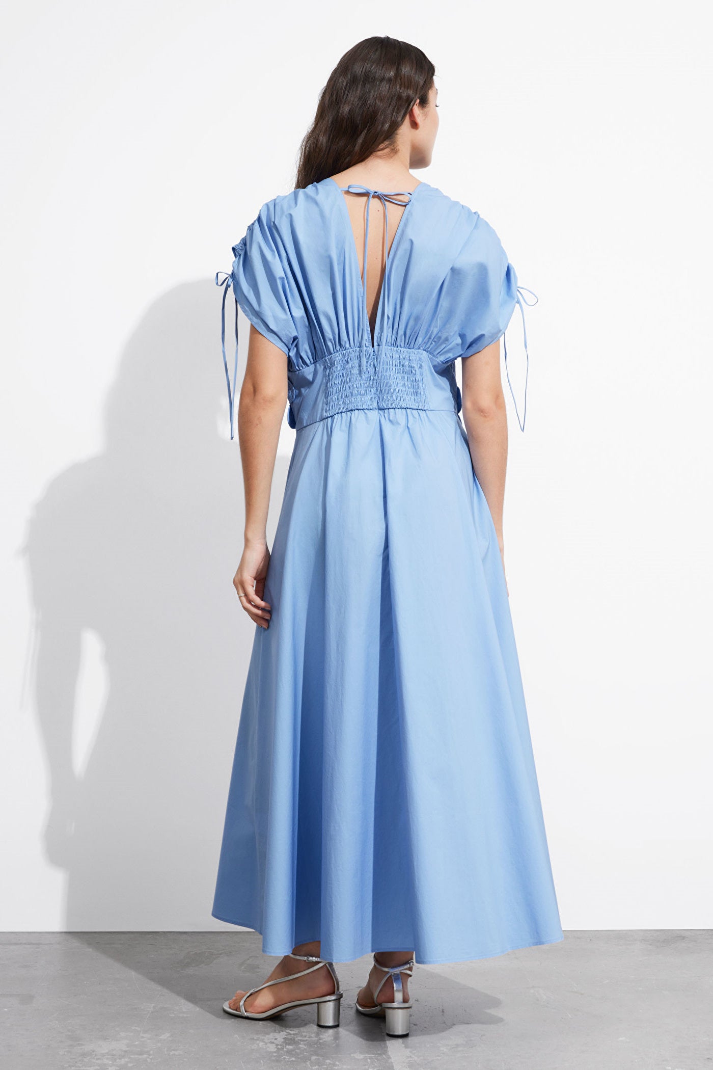 Puff Sleeve Deep V-Neck 3D Floral Applique Waist Gathered Maxi Dress