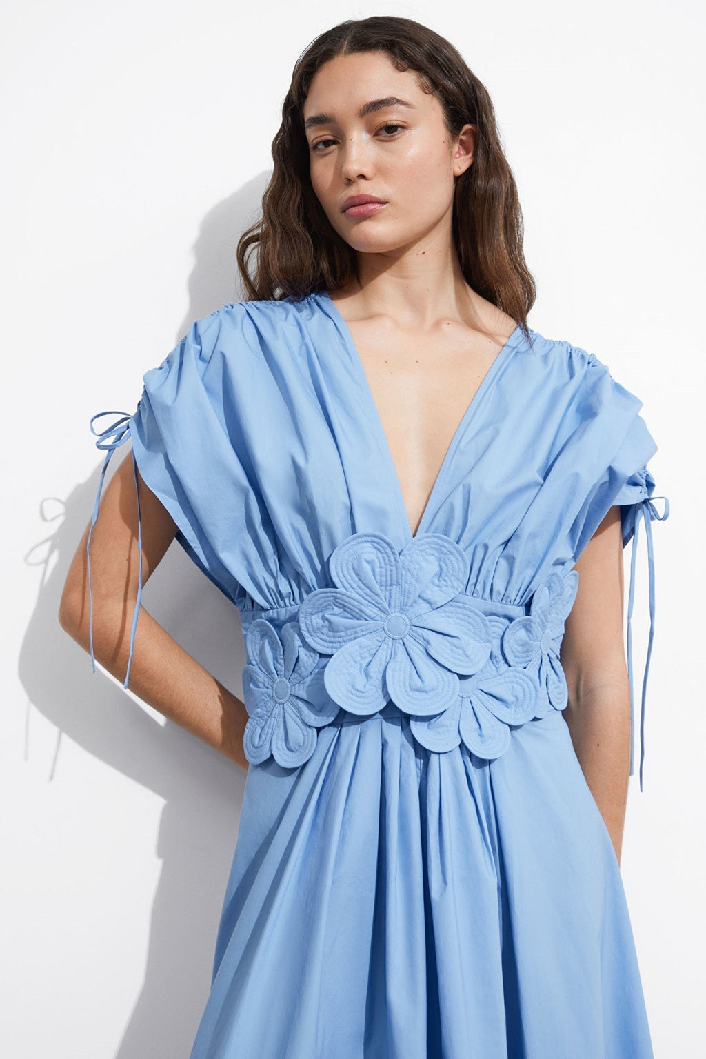 Puff Sleeve Deep V-Neck 3D Floral Applique Waist Gathered Maxi Dress
