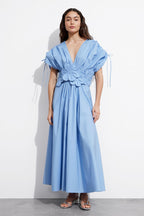 Puff Sleeve Deep V-Neck 3D Floral Applique Waist Gathered Maxi Dress