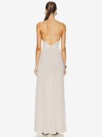 Elegant Deep V-Neck Maxi Gown for Women - Sexy Backless Slim Fit Long Slip Dress with Flower Corsage - Summer Party 2026