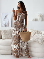 Dark Navy Printed Strapless Sleeveless Polyester Straight Summer One Piece Outfit